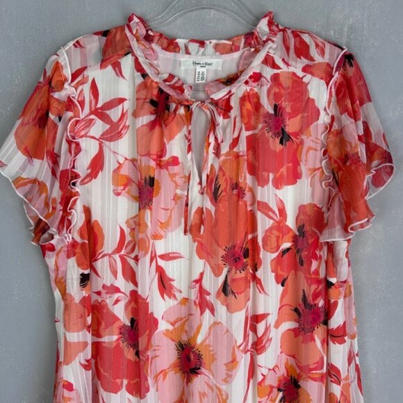 Haver and Blair plus size 2X blouse chiffon ruffle sleeve white orange floral - Picture 2 of 12